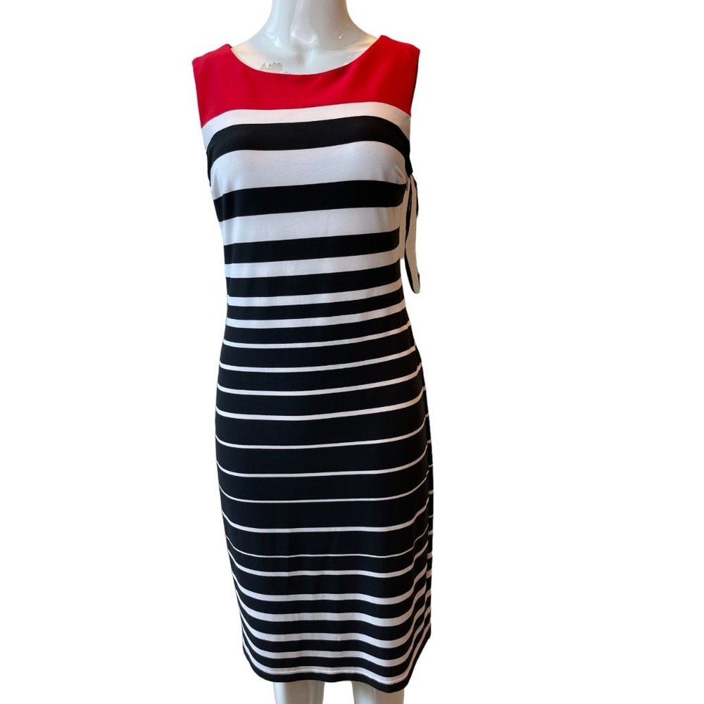 Frank Lyman Womens Sheath Dress Striped Colorblock Bodycon Side Zip Red Black 4